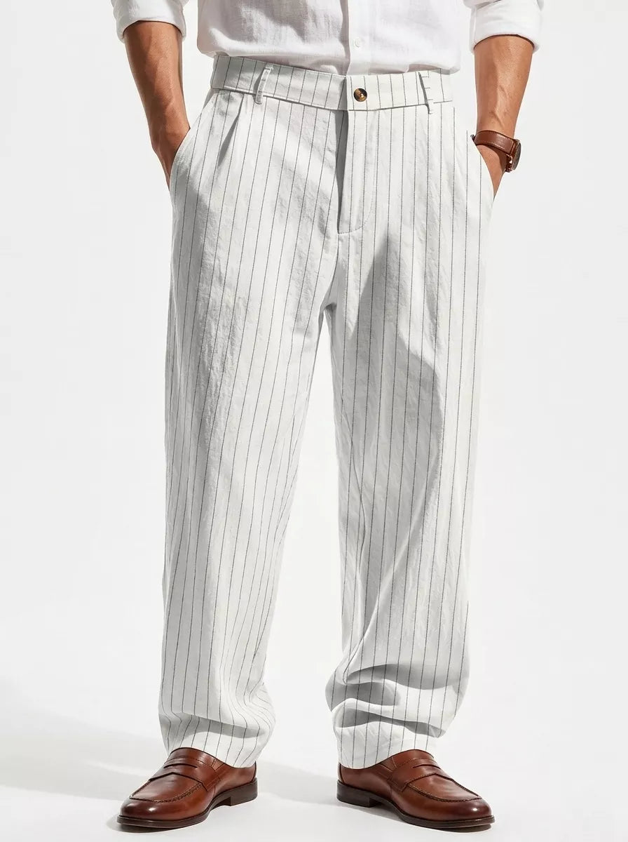 The Linear Pinstripe Trousers - Men's Pinstripe Linen Trousers | Wide leg Minimalist | Alex Shogun Alex Shogun Men's Clothes
