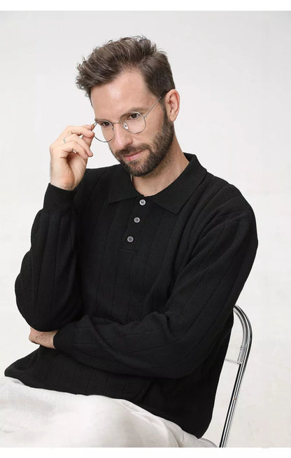 Polo Collar Sweater Vertical Ribbed - Polo Collar Sweater Vertical Ribbed Alex Shogun Men's Clothes