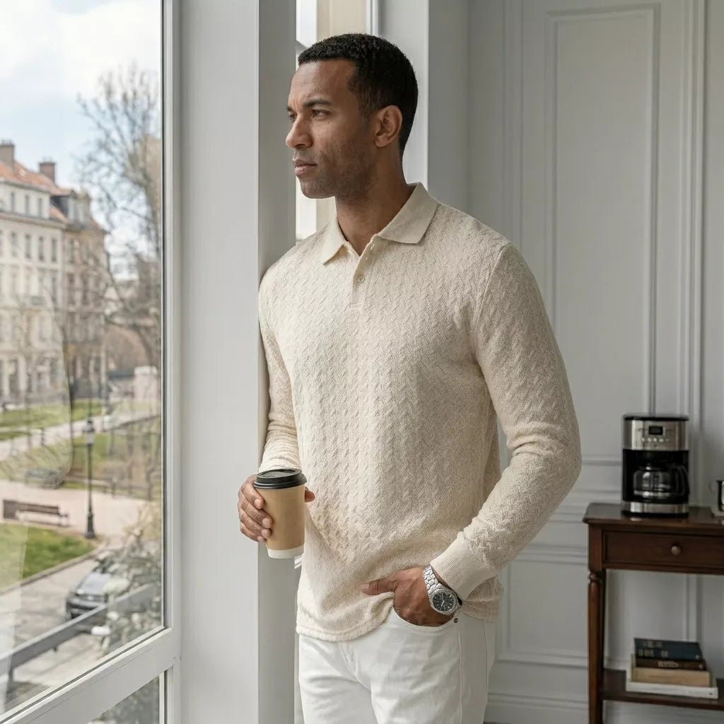 The Herringbone Long-Sleeve Knit Polo - Herringbone Knit Polo —  | Long Sleeve | AlexShogun.store Alex Shogun Men's Clothes