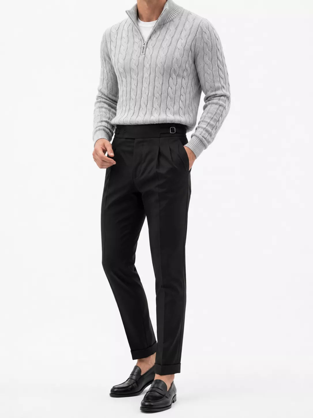 Zopfmuster-Strickpullover mit kurzem Reißverschluss