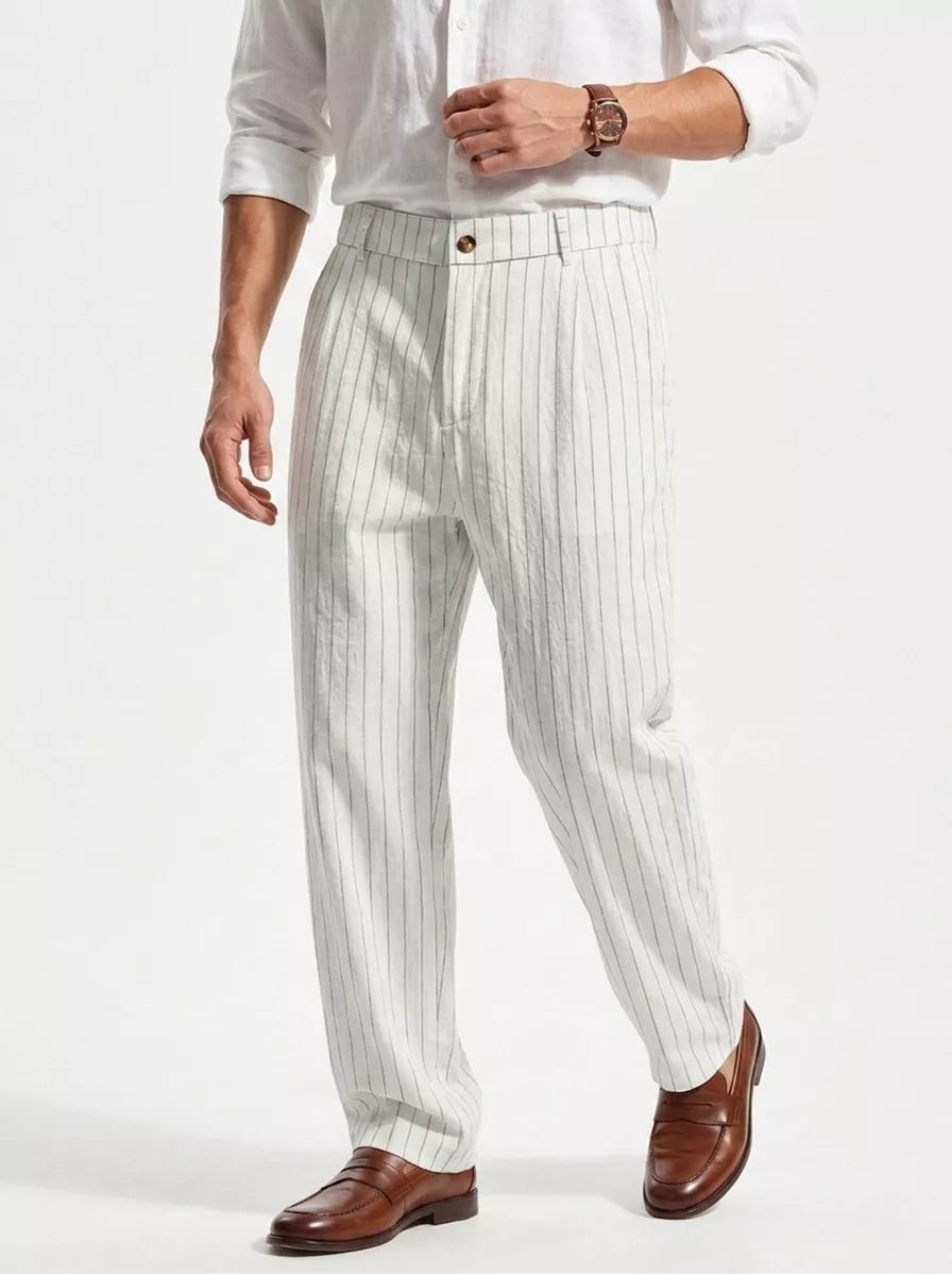 The Linear Pinstripe Trousers - Men's Pinstripe Linen Trousers | Wide leg Minimalist | Alex Shogun Alex Shogun Men's Clothes