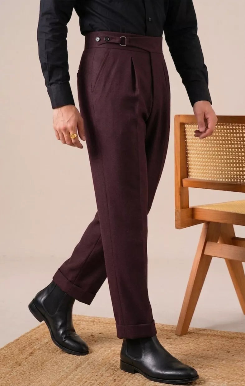 Double Pleat High-Waist Trousers | Burgundy & Black - Men's High-Waist Double Pleat Trousers | Dress Pants | AlexShogun Alex Shogun Men's Clothes