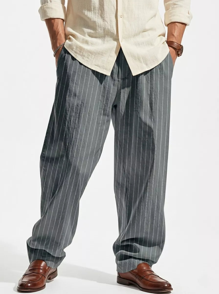 The Linear Pinstripe Trousers - Men's Pinstripe Linen Trousers | Wide leg Minimalist | Alex Shogun Alex Shogun Men's Clothes