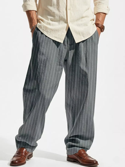 The Linear Pinstripe Trousers - Men's Pinstripe Linen Trousers | Wide leg Minimalist | Alex Shogun Alex Shogun Men's Clothes