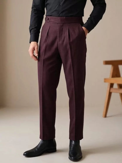 Double Pleat High-Waist Trousers | Burgundy & Black - Men's High-Waist Double Pleat Trousers | Dress Pants | AlexShogun Alex Shogun Men's Clothes
