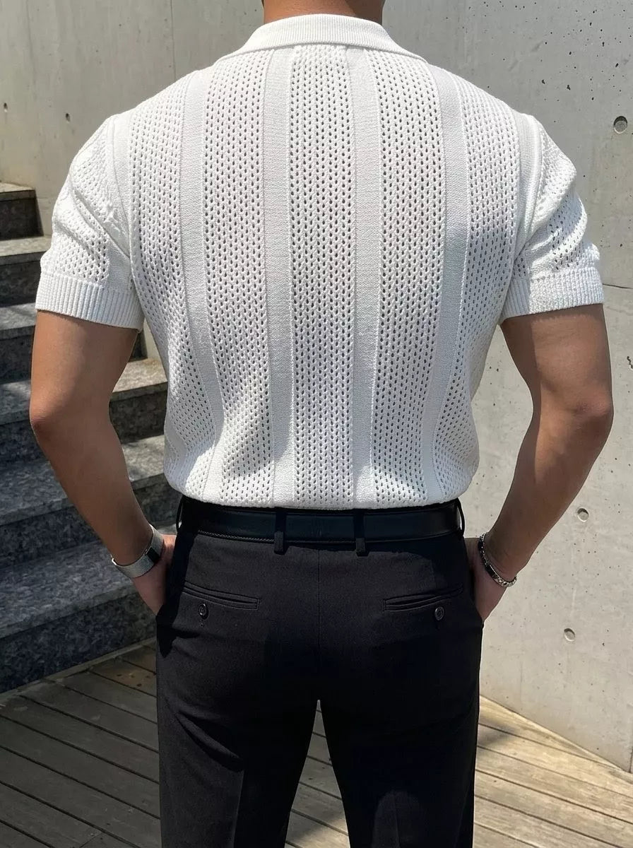Hollow Out Knit Polo Shirt