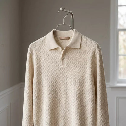 The Herringbone Long-Sleeve Knit Polo - Herringbone Knit Polo —  | Long Sleeve | AlexShogun.store Alex Shogun Men's Clothes
