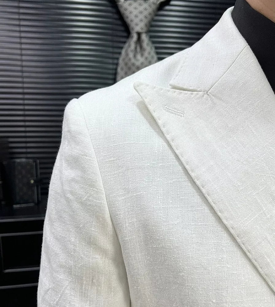 Linen Double Breasted Blazer — Black / White / Forest Green