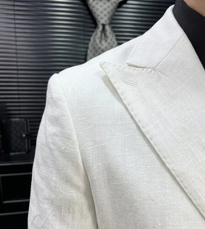 Linen Double Breasted Blazer — Black / White / Forest Green