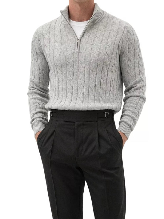 Zopfmuster-Strickpullover mit kurzem Reißverschluss