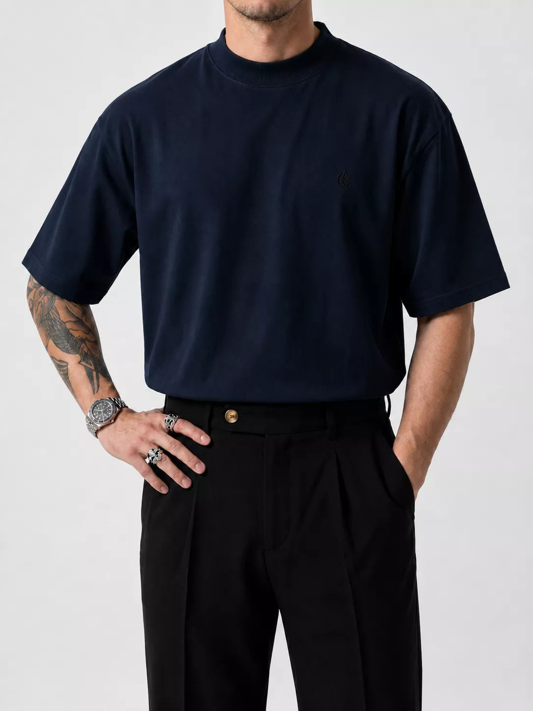 Heavyweight Oversized Mock-Neck T-Shirt - Men's Heavyweight Mock Neck T-Shirt | Dark Aesthetic | Alex Shogun Alex Shogun Men's Clothes