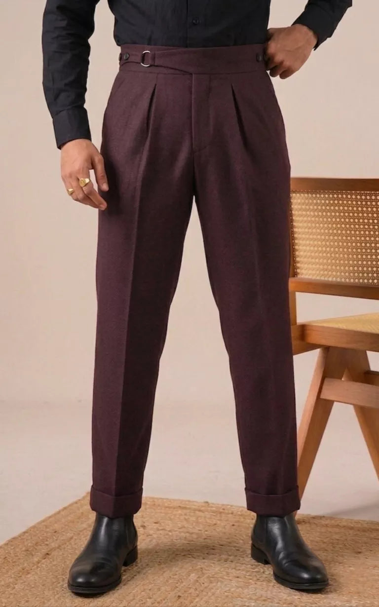 Double Pleat High-Waist Trousers | Burgundy & Black - Men's High-Waist Double Pleat Trousers | Dress Pants | AlexShogun Alex Shogun Men's Clothes