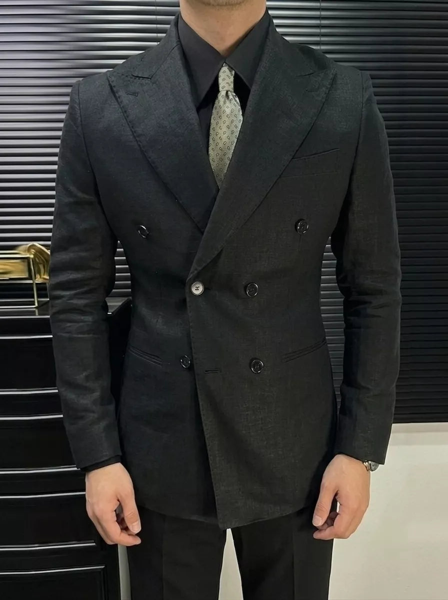 Linen Double Breasted Blazer — Black / White / Forest Green