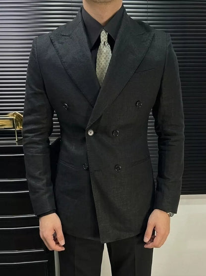 Linen Double Breasted Blazer — Black / White / Forest Green