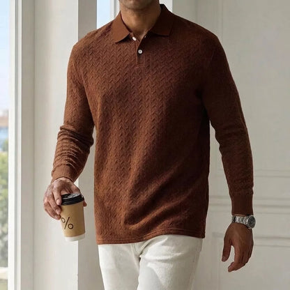 The Herringbone Long-Sleeve Knit Polo - Herringbone Knit Polo —  | Long Sleeve | AlexShogun.store Alex Shogun Men's Clothes