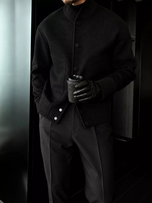 Men's Wool Blend Bomber Jacket | Ribbed Collar