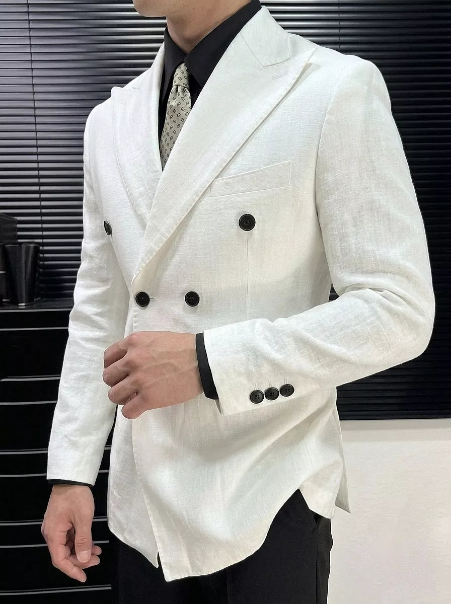 Linen Double Breasted Blazer — Black / White / Forest Green