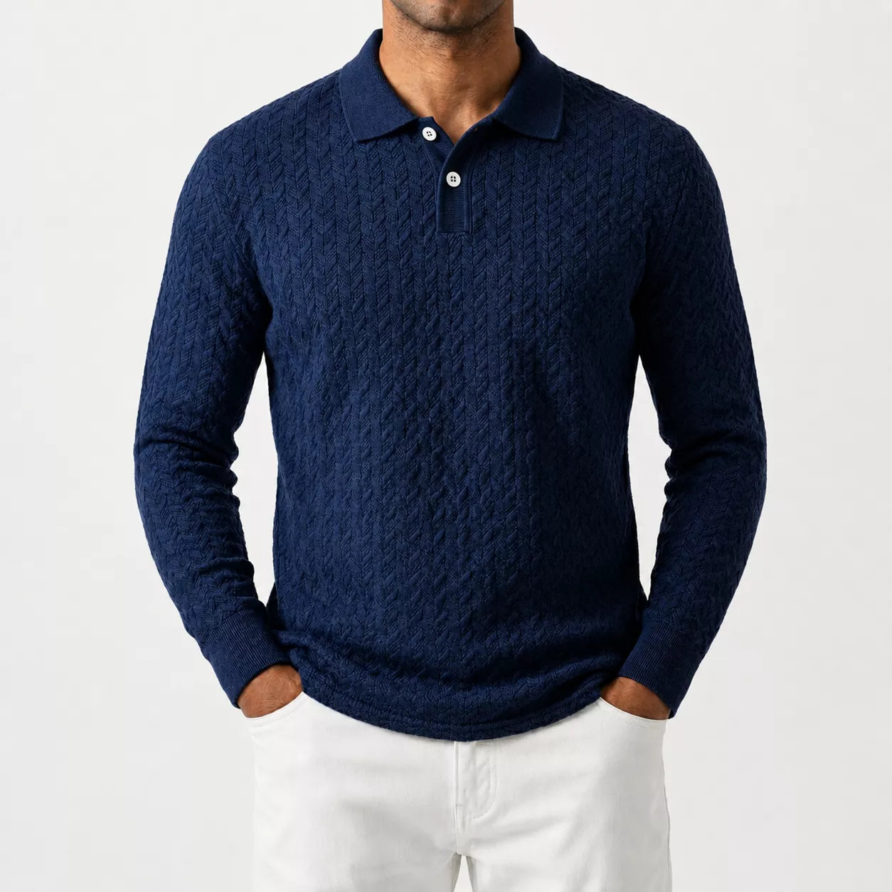 The Herringbone Long-Sleeve Knit Polo - Herringbone Knit Polo —  | Long Sleeve | AlexShogun.store Alex Shogun Men's Clothes