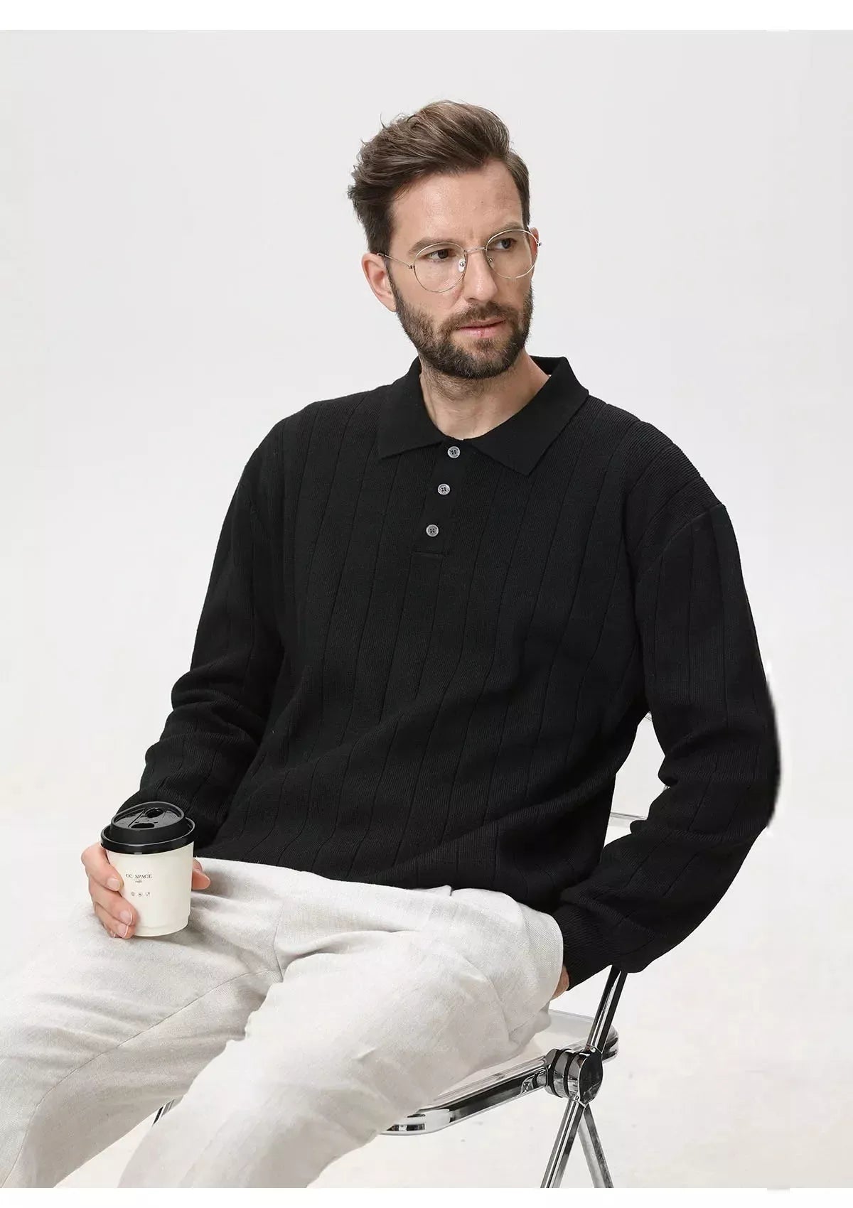 Polo Collar Sweater Vertical Ribbed - Polo Collar Sweater Vertical Ribbed Alex Shogun Men's Clothes