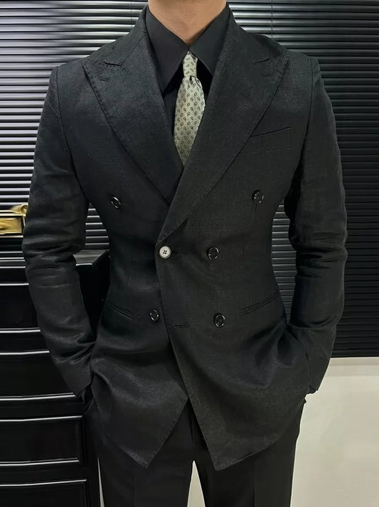 Linen Double Breasted Blazer — Black / White / Forest Green