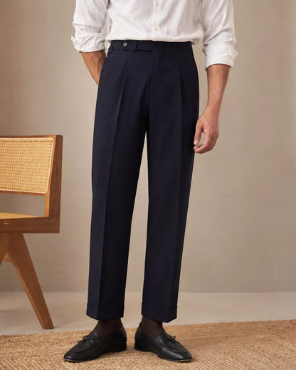 Sovereign Pleat Trousers — Black & Navy - Men's High-Waist Pleated Wool Blend Trousers | Dress Pants AlexShogun Alex Shogun Men's Clothes