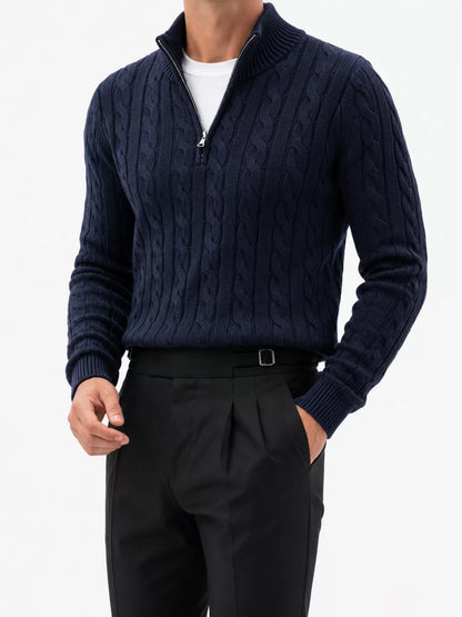 Zopfmuster-Strickpullover mit kurzem Reißverschluss