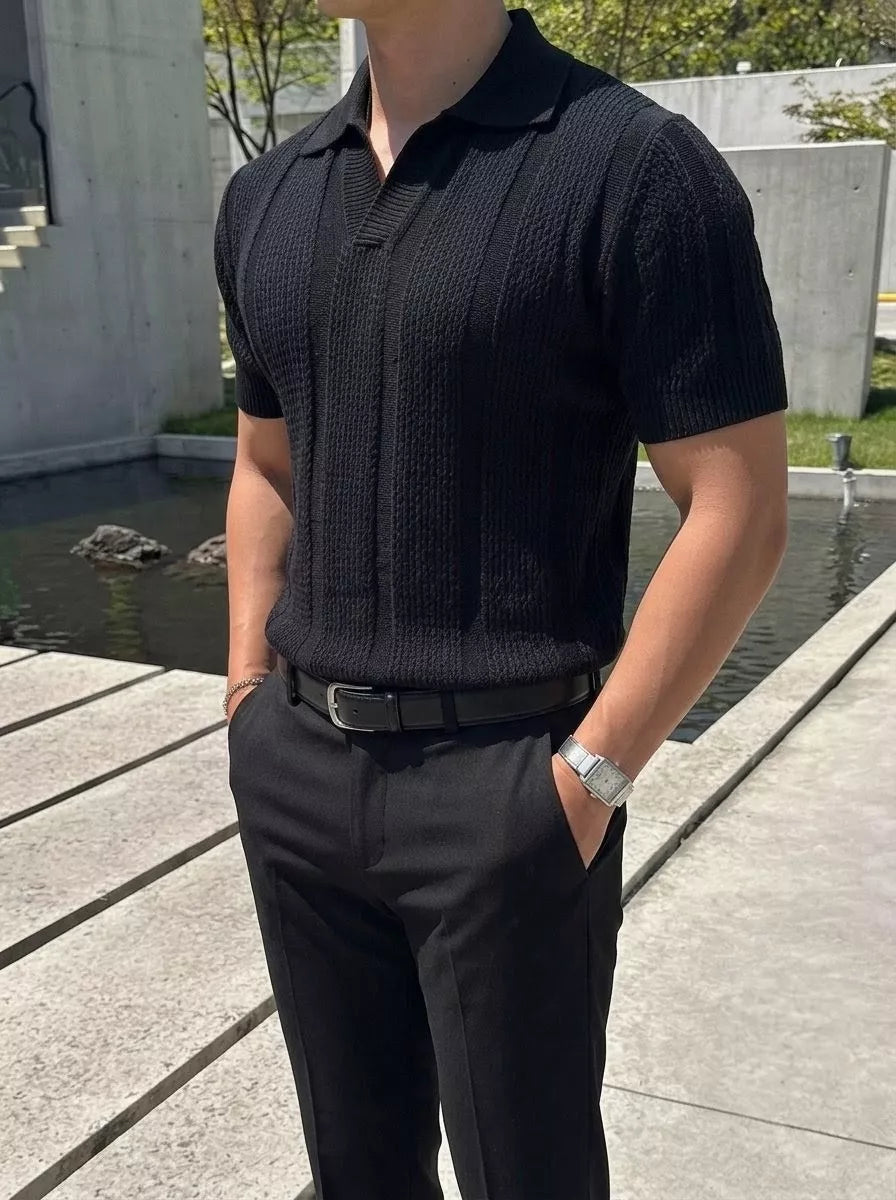 Hollow Out Knit Polo Shirt