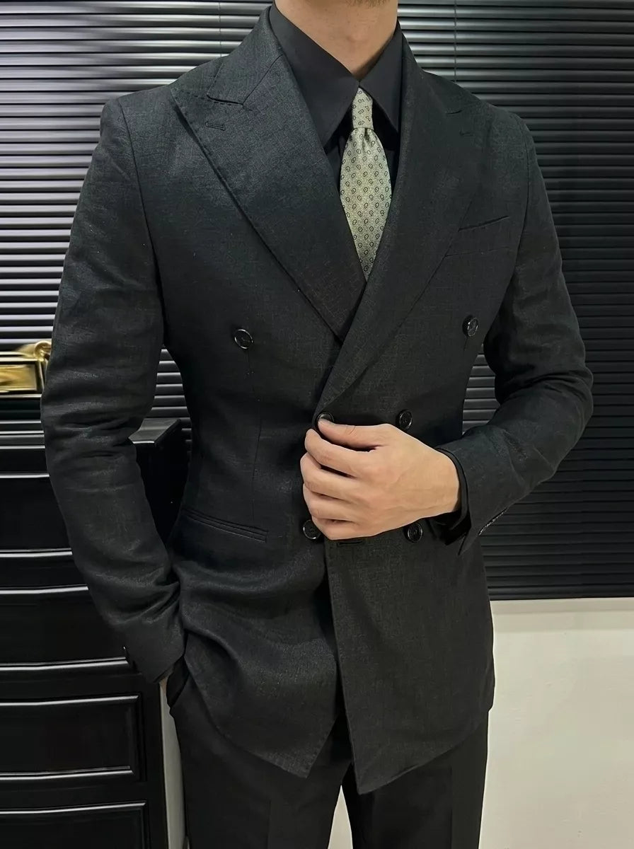 Linen Double Breasted Blazer — Black / White / Forest Green
