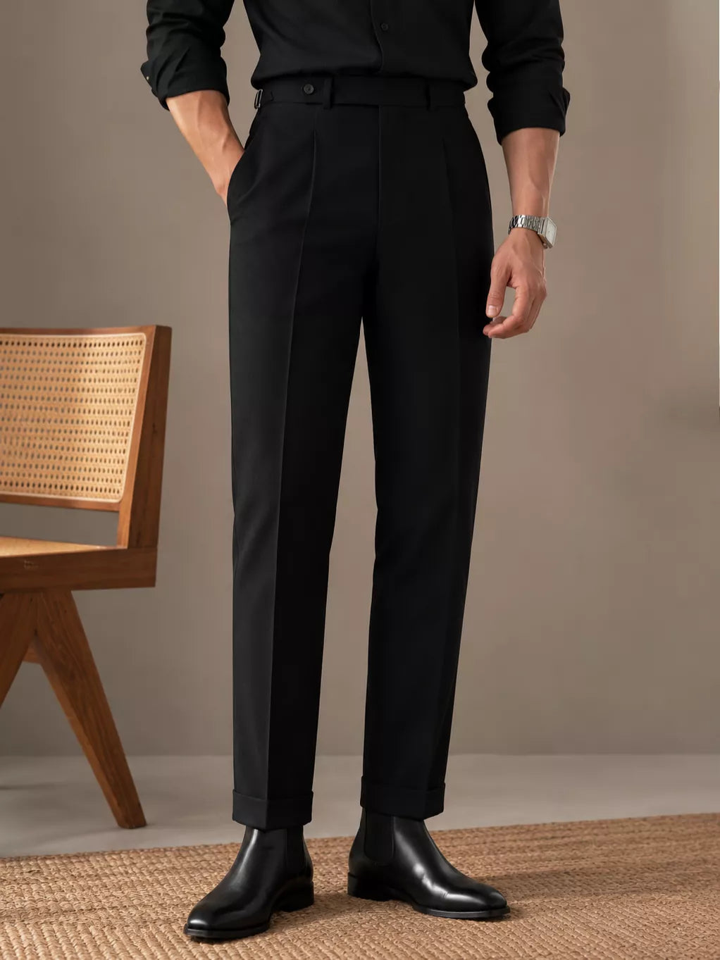 Sovereign Pleat Trousers — Black & Navy - Men's High-Waist Pleated Wool Blend Trousers | Dress Pants AlexShogun Alex Shogun Men's Clothes