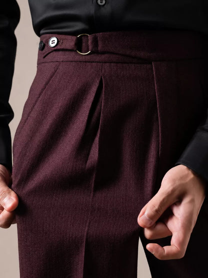 Double Pleat High-Waist Trousers | Burgundy & Black - Men's High-Waist Double Pleat Trousers | Dress Pants | AlexShogun Alex Shogun Men's Clothes