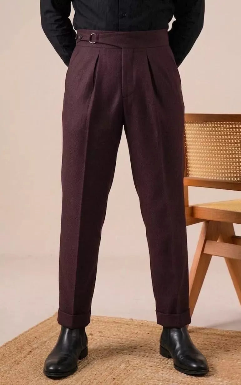 Double Pleat High-Waist Trousers | Burgundy & Black - Alex Shogun Men's Clothes
