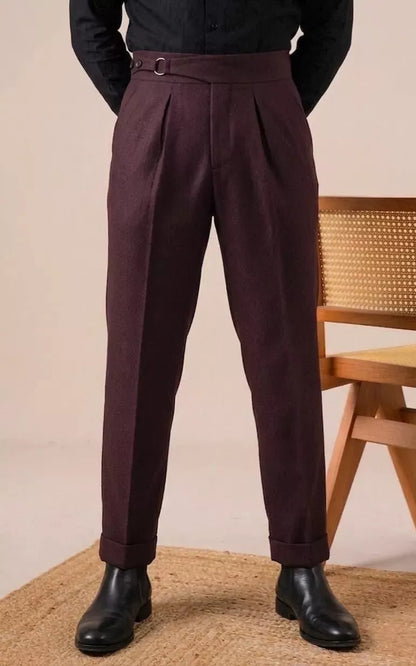Double Pleat High-Waist Trousers | Burgundy & Black - Alex Shogun Men's Clothes