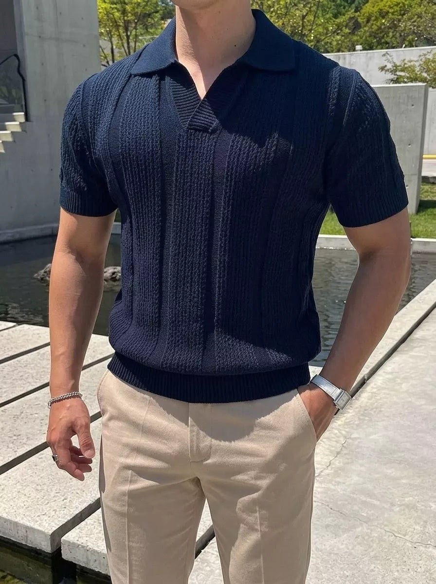 Hollow Out Knit Polo Shirt