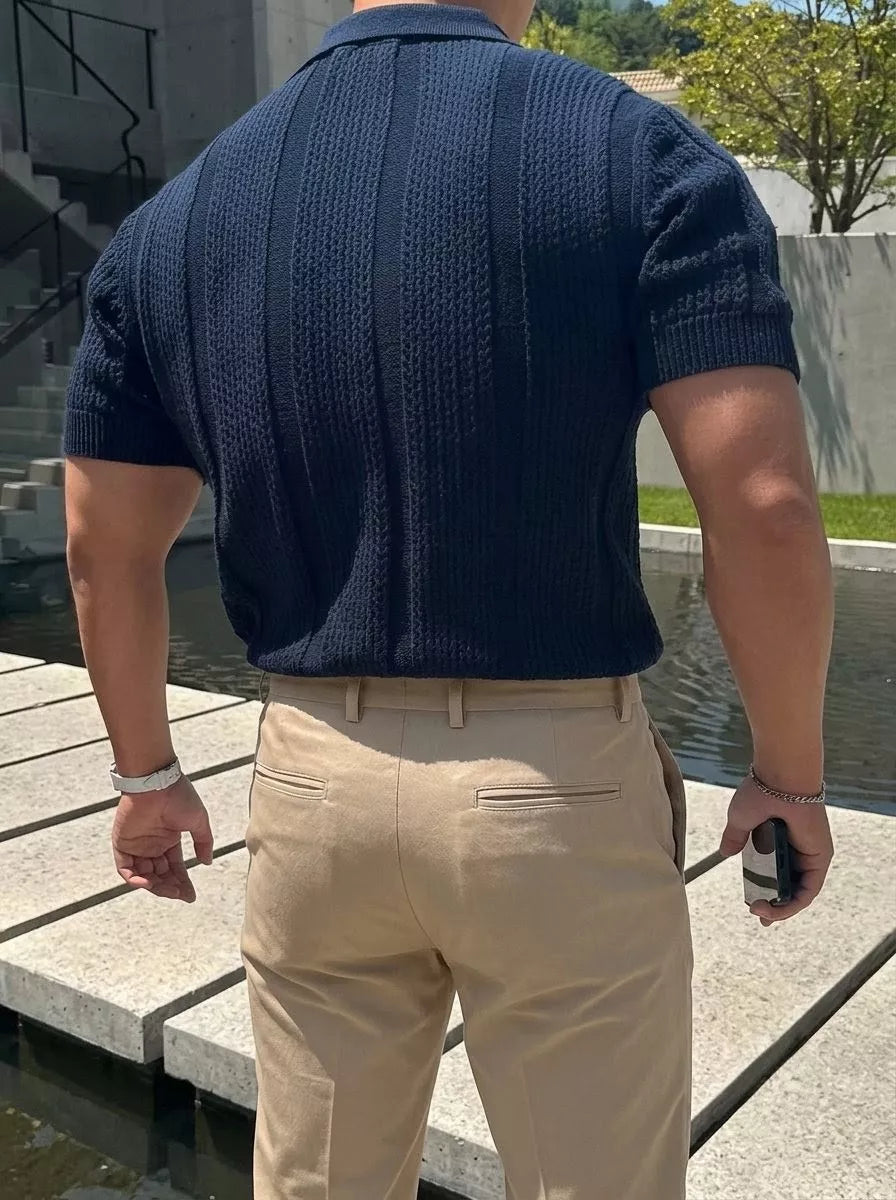 Hollow Out Knit Polo Shirt