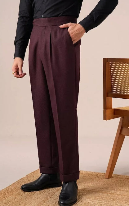 Double Pleat High-Waist Trousers | Burgundy & Black - Men's High-Waist Double Pleat Trousers | Dress Pants | AlexShogun Alex Shogun Men's Clothes