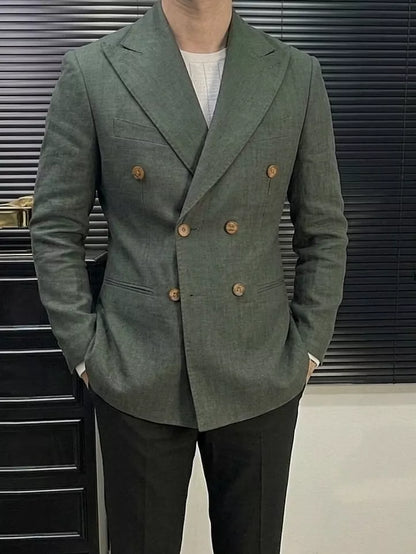 Linen Double Breasted Blazer — Black / White / Forest Green