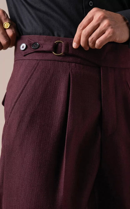 Double Pleat High-Waist Trousers | Burgundy & Black - Men's High-Waist Double Pleat Trousers | Dress Pants | AlexShogun Alex Shogun Men's Clothes