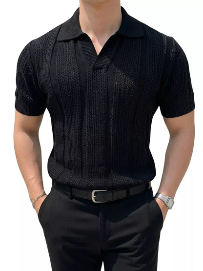 Hollow Out Knit Polo Shirt