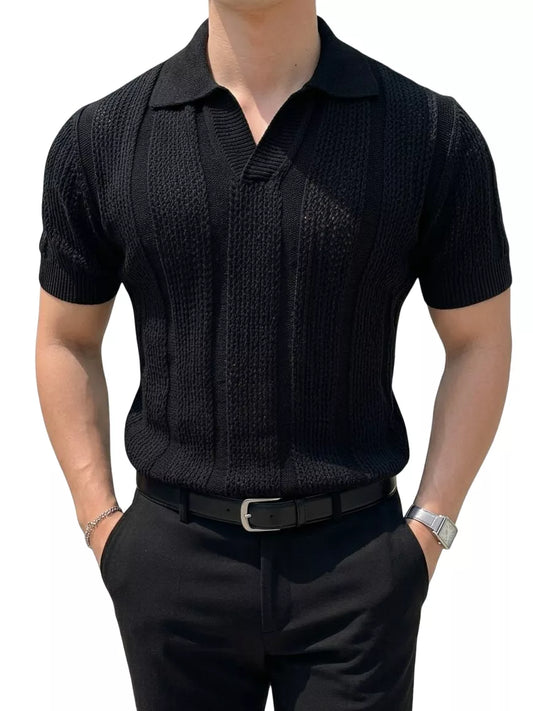 Hollow Out Knit Polo Shirt