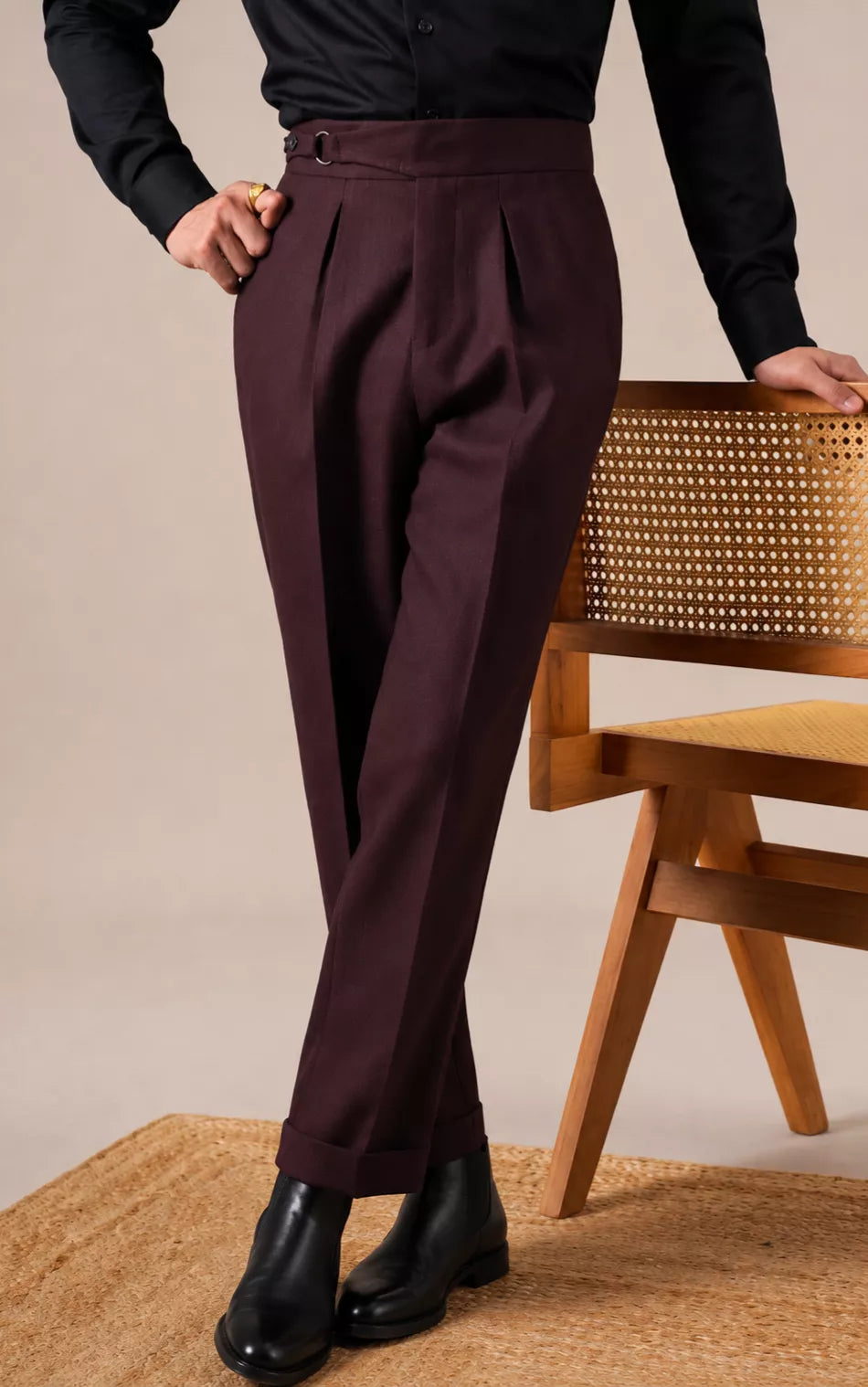 Double Pleat High-Waist Trousers | Burgundy & Black - Men's High-Waist Double Pleat Trousers | Dress Pants | AlexShogun Alex Shogun Men's Clothes