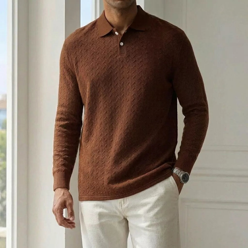 The Herringbone Long-Sleeve Knit Polo - Herringbone Knit Polo —  | Long Sleeve | AlexShogun.store Alex Shogun Men's Clothes