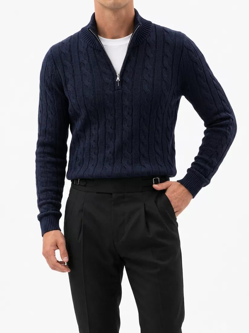 Zopfmuster-Strickpullover mit kurzem Reißverschluss
