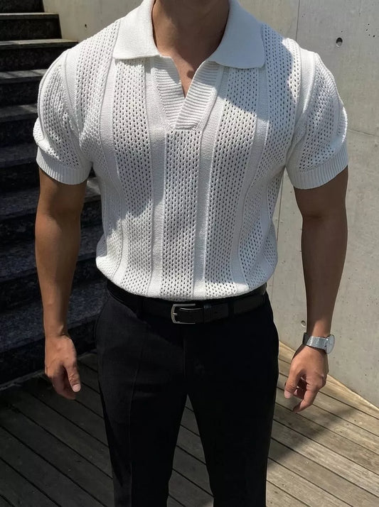 Hollow Out Knit Polo Shirt