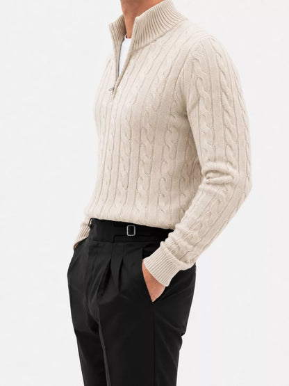 Zopfmuster-Strickpullover mit kurzem Reißverschluss