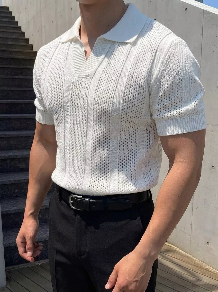 Hollow Out Knit Polo Shirt