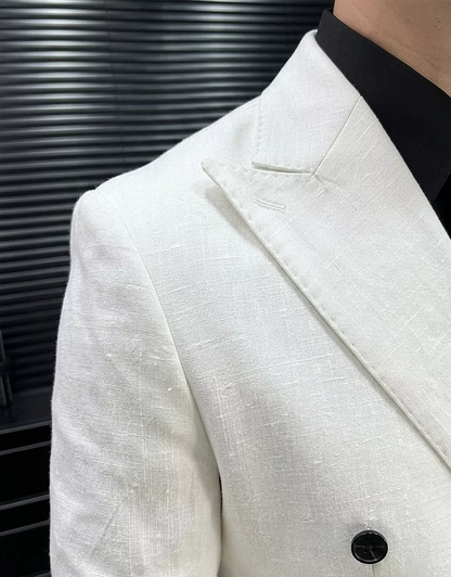 Linen Double Breasted Blazer — Black / White / Forest Green