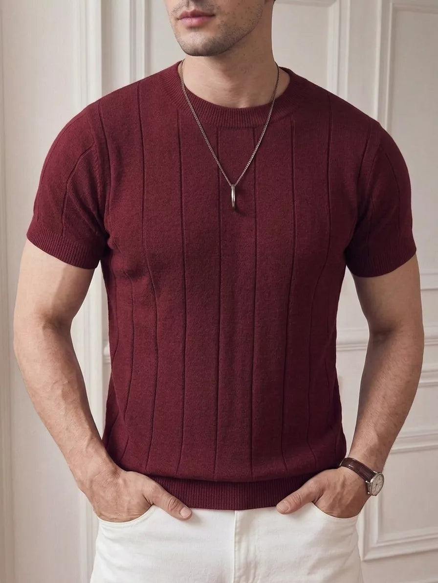 Vertical Rib Knit Tee — Red Whine | Coffee | White