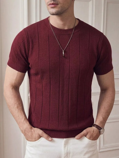 Vertical Rib Knit Tee — Red Whine | Coffee | White