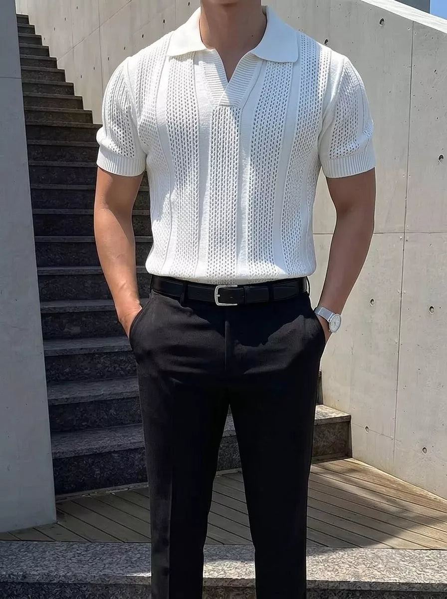 Hollow Out Knit Polo Shirt