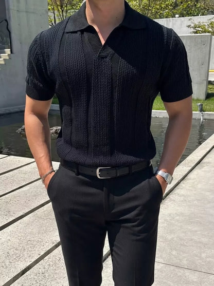 Hollow Out Knit Polo Shirt
